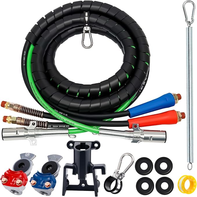 KOOTANS 15FT Semi Truck Air Line Kit 3 in 1 Air Brake Hoses and 7 Way Trailer Cord with Glad Hands, Gladhand Holder and Tender Spring Air Lines Set for Semi Truck Trailer Tractor