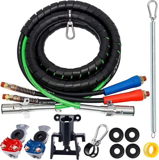 KOOTANS 15FT Semi Truck Air Line Kit 3 in 1 Air Brake Hoses and 7 Way Trailer Cord with Glad Hands, Gladhand Holder and Tender Spring Air Lines Set for Semi Truck Trailer Tractor