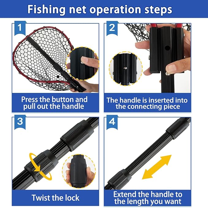 Telescoping Metal Lock Fishing Net with Handle Red Green 64" 52" Rubber Fish Net - Adjustable Length Lightweight Foldable Large Big Collapsible Extendable Fishing Net