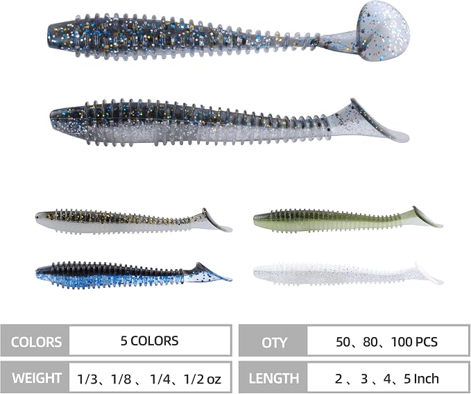 Paddle Tail Swimbaits 100/80/50PCS, 5/4/3/2 inch Soft Fishing Lures Bulk Pack – Durable Lifelike Action Lures for Bass, Trout, Crappie – Freshwater & Saltwater Fishing Gifts