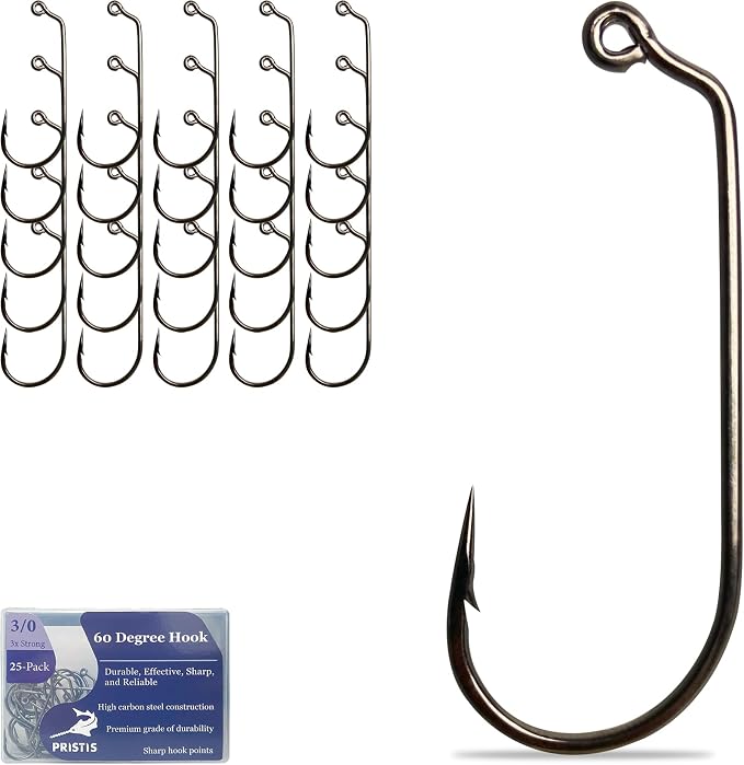 Pristis 25 Pack High Carbon Steel Fishing Hooks, Reinforced EWG Circle Octopus Round Bend 60 Degree Wide Gap Strong Barbed Worm Fish Hook Jig Bait Rig for Saltwater Freshwater Bass Tuna Walleye Trout