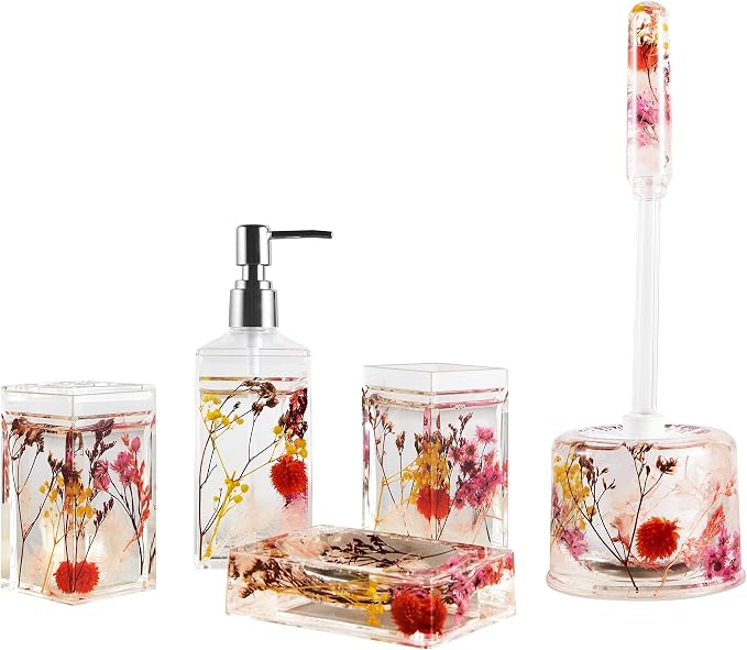 Locco Decor Bathroom Vanity Accessory Set Acrylic Liquid 3D Floating Motion Toothbrush Holder, Tumbler, Soap Dispenser, Soap Dish, Toilet brush, 5-Piece Accessory Set Garden Botanic Pink Plants