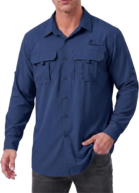 Men's Long Sleeve Fishing Shirts UPF 50+ Sun Protection Quick Dry Shirts Button Down Shirt for Hiking Camping