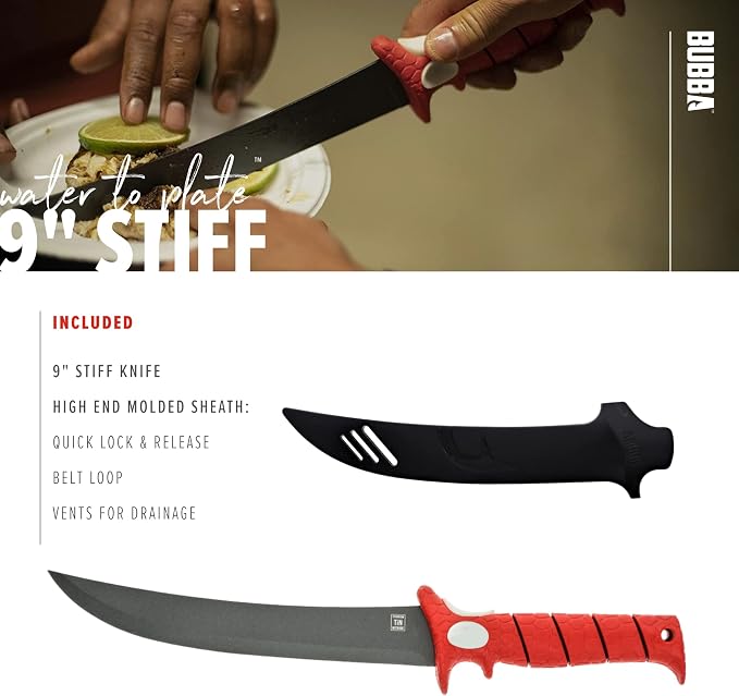 BUBBA 9 Inch Stiff Fillet Knife with Non-Slip Grip Handle, Full Tang Beveled Sushi Style Stainless Steel Non-Stick Thick Blade, Lanyard Hole and Synthetic Sheath for Fishing, Hunting and Cooking