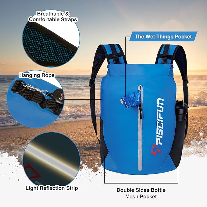 Piscifun Dry Bag Waterproof, Lightweight Dry Backpack Roll-Top Sealed with Waist Pouch and Phone Case Keeps Gear Dry Inside for Kayaking, Boating