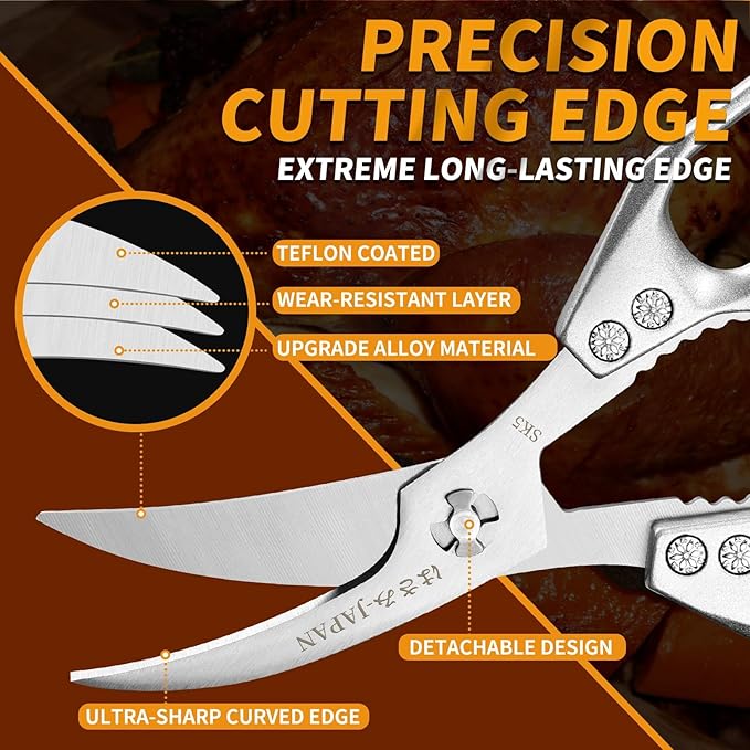 Huusk Seafood Scissors Silver - Stainless Steel Kitchen Shears Dishwasher Safe, Sharp Japanese-Style Kitchen Scissor for Crab, Shrimp, Lobster, Herbs and Food Prep, Gifts for Men Women