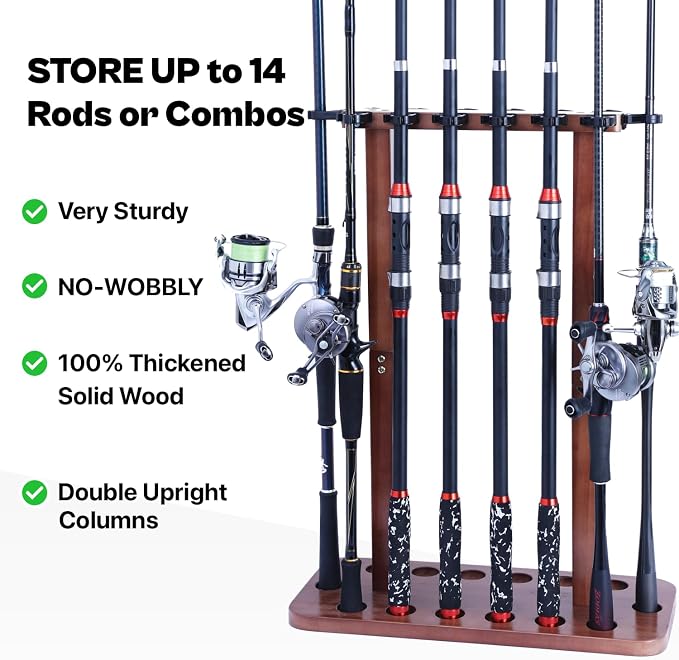VEYWANE Fishing Rod Storage Racks, 100% Wood Floor Stand Fishing Pole Holders for Garage of 14 Rods or Combos
