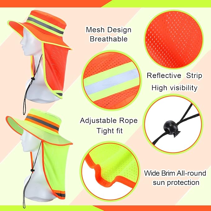 6 Pcs Reflective Safety Hat High Visibility Neck Flap Boonie Hat Wide Brim Work Hats Breathable Bucket Cap for Worker