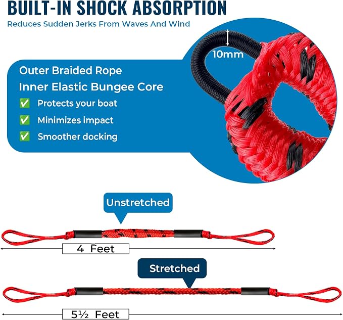 2PCS 4 Feet Premium Bungee Boat Lines 27cm Extended Loop Boat Accessories for Mooring for Jet Ski, SeaDoo, Yamaha WaveRunner Dinghy Pontoon Accessories Boating Gifts(Red&Black)