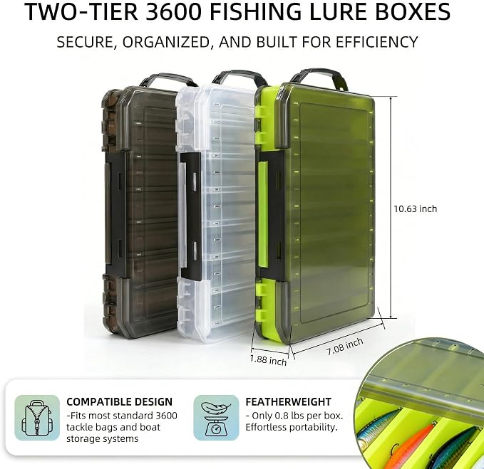 Fishing Tackle Boxes Lure Organizer: 2 Packs Hard Bait Storage Box - Double Sided Fishing Lure Case with 14 Compartments Container (Chartreuse, L)