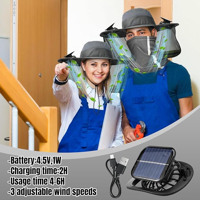 Solar Hat with Fans, Wide Brim Cooling Sun Hat with Removable Dual Fans USB Charging Neck Cover for Outdoor Fishing