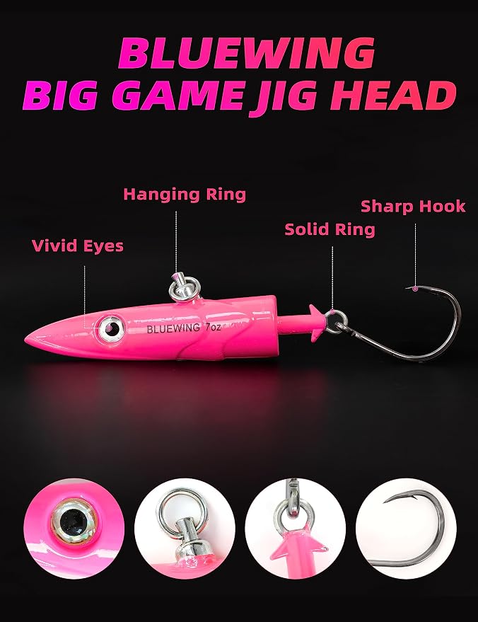 BLUEWING Jig Heads Saltwater 2oz,3oz,4oz,5oz,6oz,7oz Swimming Jigheads 1pc with High Carbon Steel Swing Hook and 6in/9in Replacement Tail Big Game Fishing Lures