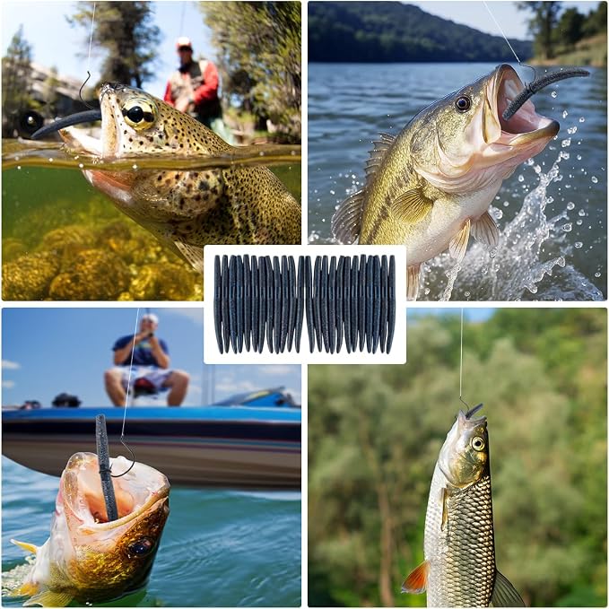 Senko Bait Soft Plastic Lures 5" Senkos 24 Pcs/100pcs for Wacky Rig Freshwater Fishing Green Pumpkin senko with Black Flake Pink Watermelon Double Color