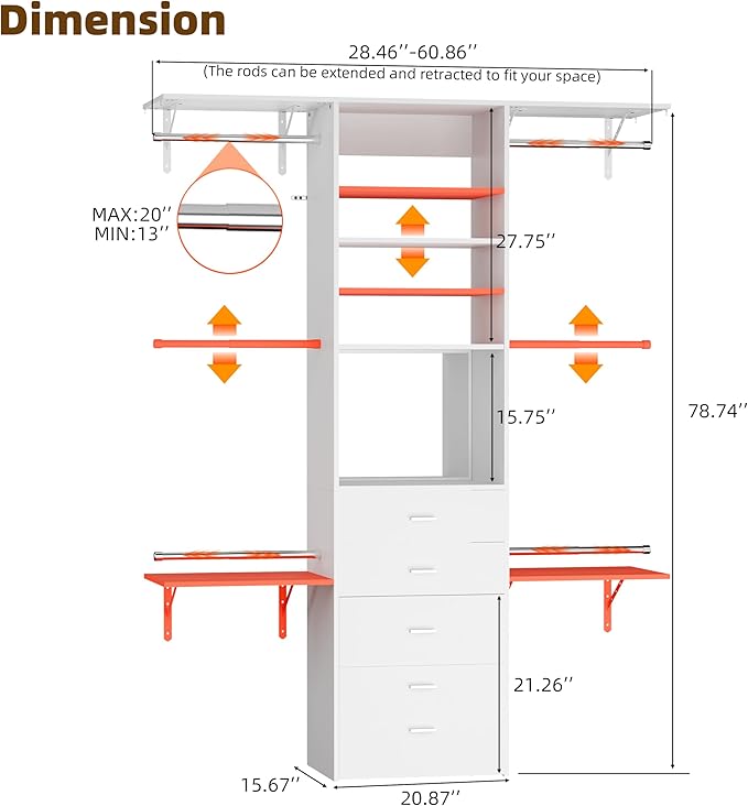 Closet System Set With Concealable Stool, Closet Organizer System With 4 Wood Drawers, Walk-In Closet Storage System, 5 Adjustable Cloth Garment Rack from 3 to 5FT, White
