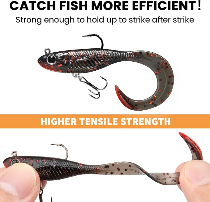 TRUSCEND Duramax Pre-Rigged Fishing Lures with BKK Jig Hooks, 10X Tear-Resistant TPE Soft Swimbaits for Bass Striper Trout Crappie Walleye Grouper, Lifelike Fishing Baits for Saltwater and Freshwater