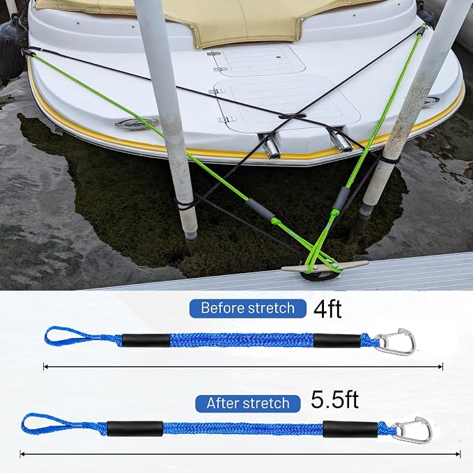 Boat Bungee Dock Lines, Mooring Rope with Stainless Steel Clip,Boat Ropes for Docking, Boat Accessories, Suit for PWC, Kayak, Seadoo, WaveRunner, Pontoon, Bass Boat, 4ft (Blue)