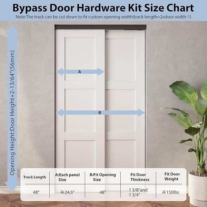 Sdstone Heavy Duty Bypass Door Hardware 48"/4FT,Aluminum Sliding Closet Door Track Hardware for Cabinet Closet, Pocket Door Track Rail Set for 2 Door System,Smoothly and Quietly,Black