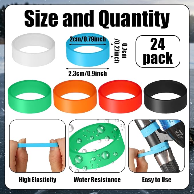 Pangda 24 Pcs Fishing Ice Reel Anchor Wrap Bands 0.91'' x 0.79'' x 0.28'' Ice Reel Anchor Wrap Straps 6 Colors Cold Resistant High Elastic Rubber Bands Winter Outdoor Fishing Accessories