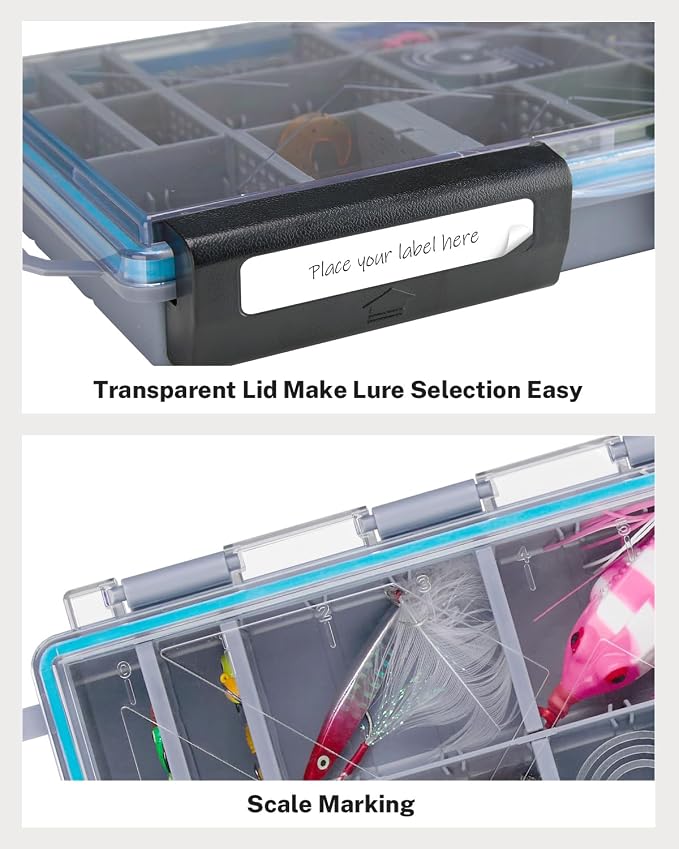 Gonex Fishing Tackle Boxes, 2-Pack Waterproof 3700 Tackle Trays with Adjustable Dividers, Portable Clear Plastic Tackle Organizers with DIY Dividers for Lures, Hooks, Bass Gear, Gray