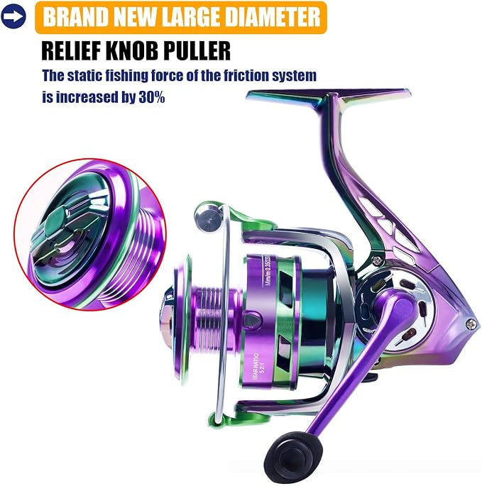 1pcs 5.2:1 Gear Ratio 6+1BB Spinning Reel - Iridescent Color-Shift Fishing Reel with Metal Spool for Long Cast & Saltwater