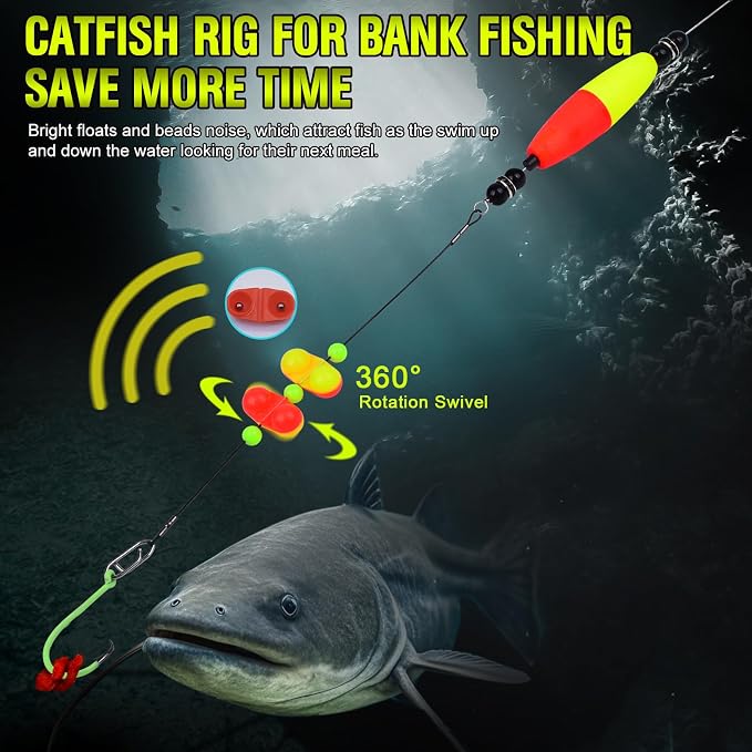 PROBEROS Catfish Fishing Rigs - Bank Fishing Set with 5pcs/Set, 6/0, 8/0, 10/0 Circle Hooks Circle Hooks, High Visibility, Ready to Use Catfish Rigs