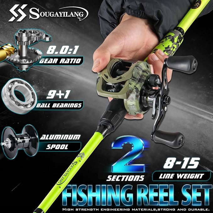 Sougayilang Baitcasting Combo – 8.0:1 Gear Ratio, 18LB Drag, 9+1 Bearings, IM7 Graphite 2-Piece M/MH Rod, EVA Handle, Camo Finish for Topwater Bass, Pike, Walleye