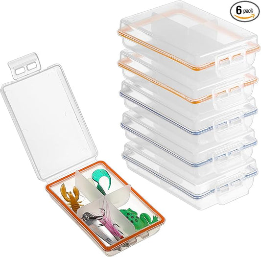 JUXYES Pack of 6 Plastic Small Fishing Tackle Box Organizer with 4 Compartments, Clear Mini Fishing Tackle Storage Boxes with Dividers, Transparent Fish Pocket Tackle Storage Box Lure Box