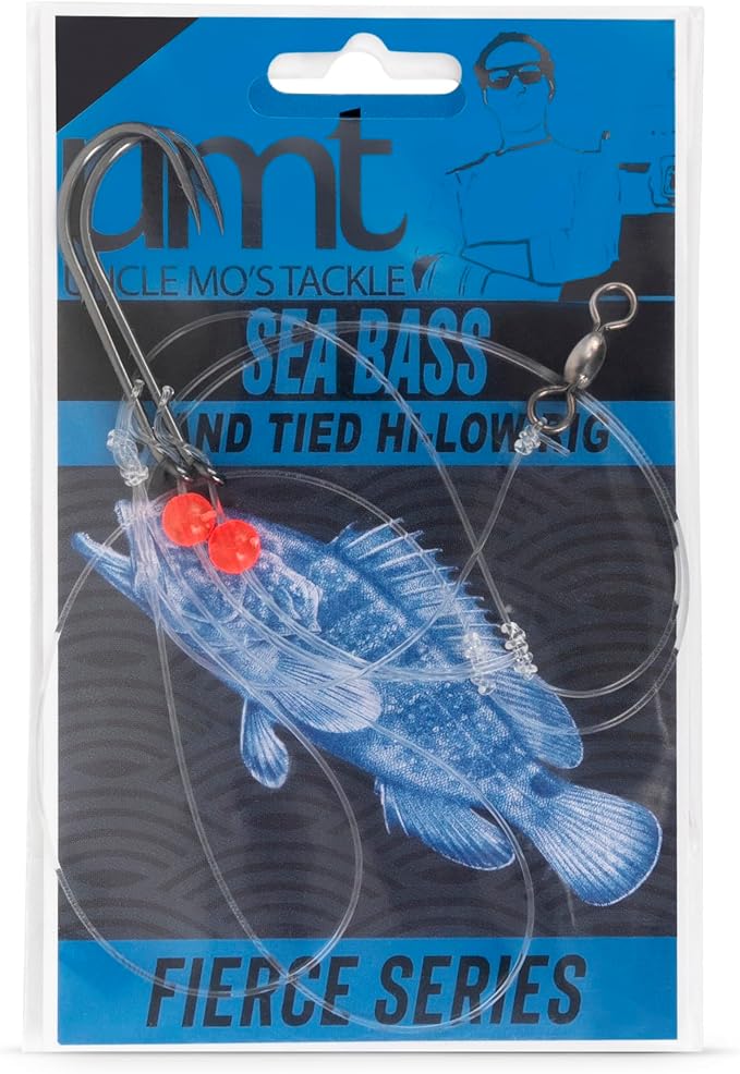 Sea Bass Hi/Lo Saltwater Fishing Rigs 1, 5 &10 Pack Bulk Options - Uncle Mo’s Tackle – Mustad Size 3/0 Bait Hook, 60lb Heavy Duty, 80lb Swivel & Sinker Loop, Hand Tied - for Fluke Porgy Snapper Croaker Sea Trout Tautog Spot Pompano
