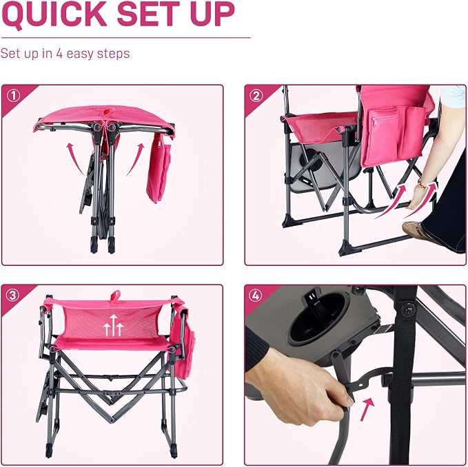 EVER ADVANCED Camping Directors' Chair with Side Table, Portable Folding with Compact Size, Breathable & Quick Dry Design Heavy Duty Lawn Chair with Pocket, 400lbs, Textilene Mesh, Pink