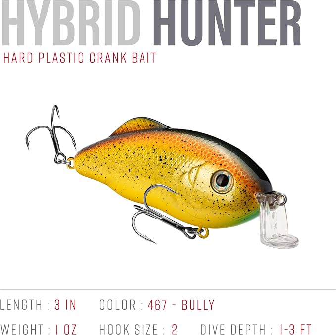 Strike King Hybrid Hunter Shallow Jr. Fishing Lure, Shallow Diving Crankbait, 90-Degree Bill, 3D Eyes, Loud Rattle, Dives 1 to 3-Feet,Size 4 & 6 Treble Hooks