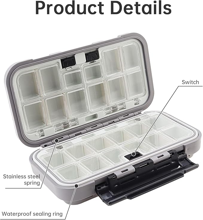 Fishing Tackle Storage Box, Double Sided Waterproof 16 Compartments, Tackle Storage Organizer Box, Fishing Lure Box Storage Containers (Gray)