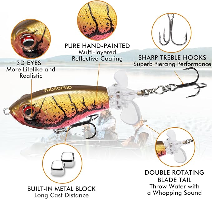 TRUSCEND Popobait Easy Catch Fishing Lures with BKK Hooks, Instant Startup, Longer Cast, Balanced Spray/Sound/Swim, Plopper Topwater Lures for Bass, Trout, Pike, Walleye, Freshwater Saltwater Fishing