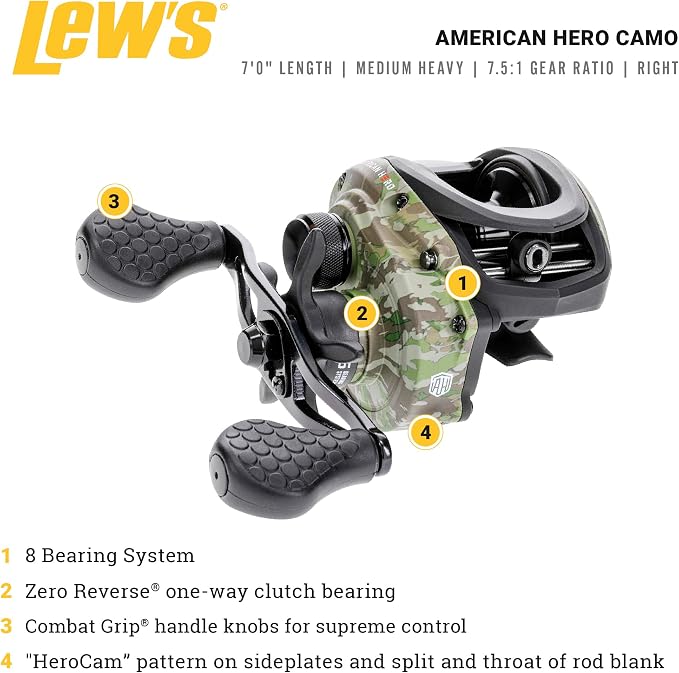 Lew's American Hero Camo Baitcast Reel and Fishing Rod Combo, 7-Foot 1-Piece Medium-Heavy Power IM7 Graphite Rod, 7.5:1 Gear Ratio, One-Piece Graphite Frame, Right-Hand Retrieve, Camo/Black