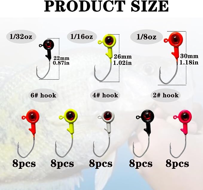 Crappie Jig Heads, 40pack Crappie Jigs Fishing Jig Heads Hook Lure Fishing Jigs Heads for Bass Fishing 1/32oz 1/16oz 1/8oz