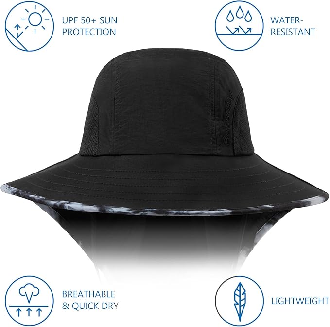 BASSDASH UPF 50+ Unisex Water Resistant Wide Brim Sun Hat with Large Neck Flap Ponytail Fishing Hat for Men Women