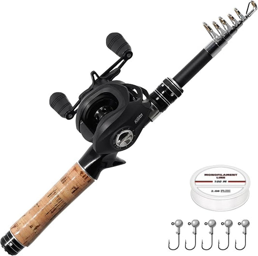 Kilitn Fishing Rod and Reel Combo, Ultra-Light Baitcasting Combo Baitcast Reel Durable Fiberglass Telescopic Rod with Comfortable Handle for Freshwater or Saltwater Fishing