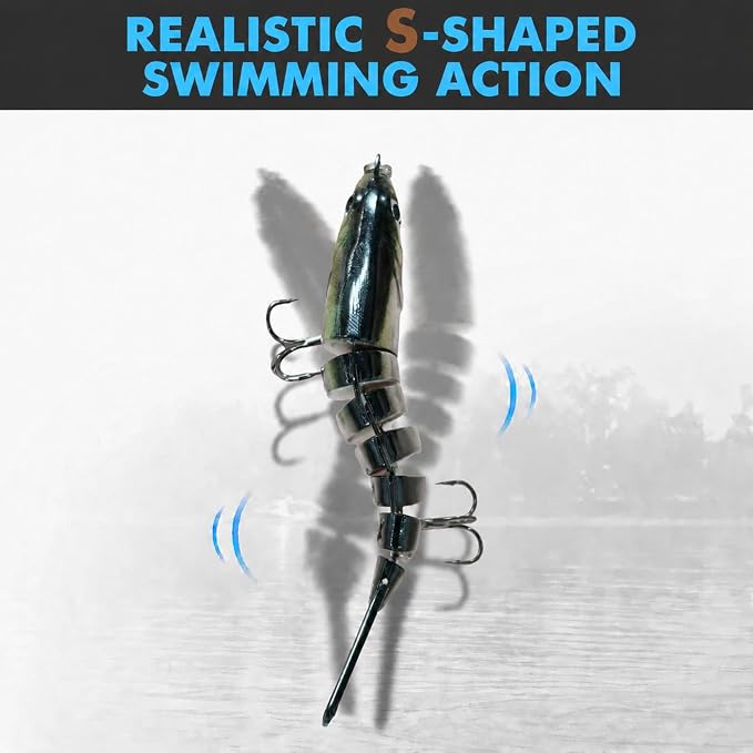 Multi Jointed Swimbait Hard Lure, 3.7in Slow Sinking Fishing Lures with Realistic S-Shaped Swimming Action, Built-in Gravity Transfer System & #6 Treble Hooks for Bass, Trout, Pike, Topwater Lure