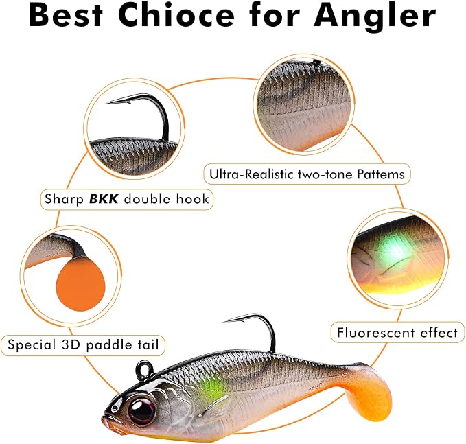 TRUSCEND Duramax Pre-Rigged Fishing Lures with BKK Jig Hooks, 10X Tear-Resistant TPE Soft Swimbaits for Bass Striper Trout Crappie Walleye Grouper, Lifelike Fishing Baits for Saltwater and Freshwater