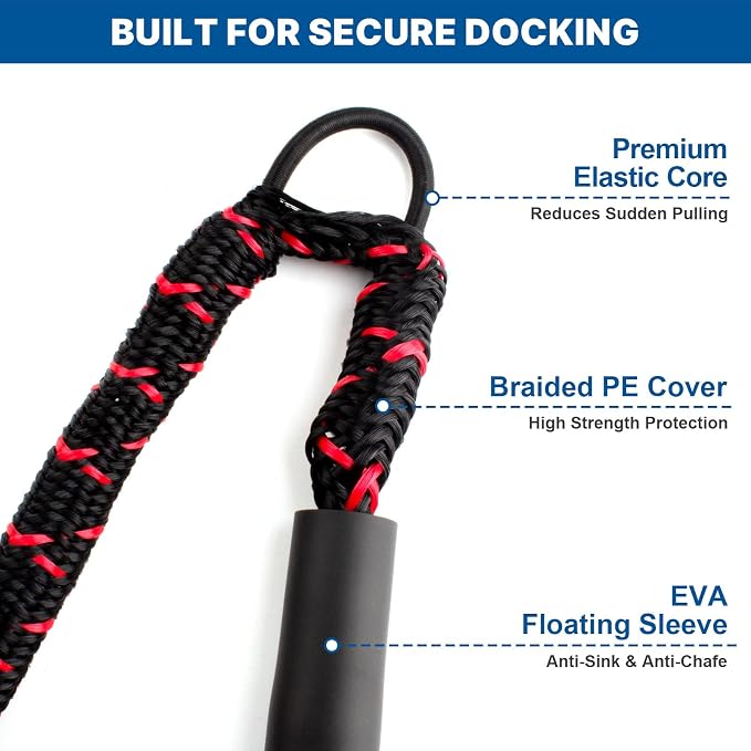 Bungee Dock Lines for Boats 4.3 Ft Stretch to 5.6 Ft, 2 Pack Marine Grade Bungee Cords with 316 SS Clips and EVA Floating Sleeve for Jet Ski Kayak Pontoon Boat Accessories (Black+Red)
