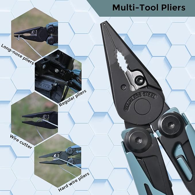 Multitool with Pocket Knife, 25-in-1 Stainless Steel Pliers and Screwdriver, Self-locking Multi-tool EDC Gear with Sheath, Suitable for Camping and Hiking (Greyblue)