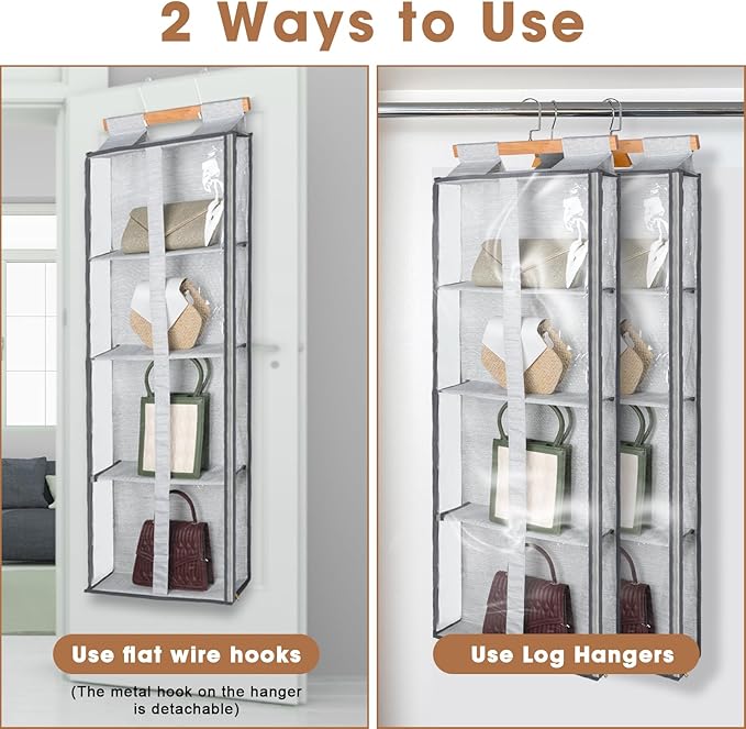 Silkfly 2 Pack Hanging Purse Organizer for Closet Clear Handbag Storage Hanger with Zipper Holder over The Door Wardrobe Tote Bag Storage Holder for Bedrooms Living Room(Gray)