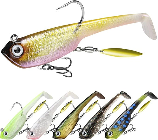 TRUSCEND Shadtale Easy Catch Soft Fishing Lures with BKK Hooks - Trembly Sinking and Vibrating Swim for More Bites, Pre-Rigged Swimbaits for Bass, Trout, Crappie, Walleye, Freshwater Saltwater Fishing