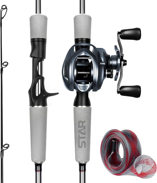 Ghosthorn Fishing Rod and Reel Combo Baitcaster Spinning Combo with EVA Handle Fishing Poles and Reels Combo with Fishing Rod Sleeve Fishing Pole Stainless Steel Guides Ceramic Rings for Men Women