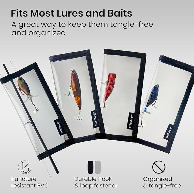 Pristis 4 Pack Fishing Lure Wraps, Clear Hook Cover Bait Keeper for Saltwater Freshwater, Durable PVC Tackle Storage Bag Kit with Hook & Loop Tape, 7.5''L Easy Open Organizer Protector Gear