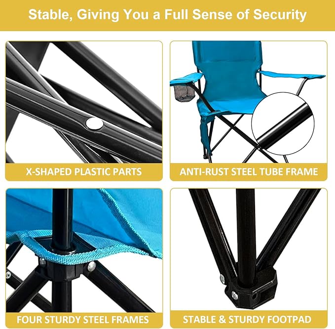 Folding Camping Chair with Cup Holder & Storage Bag, 225lbs Capacity, Large Anti-Sink Feet, Breathable PE Coated Fabric for Outdoor, Hiking, Beach, Fishing, Backpacking, 2PCS Blue