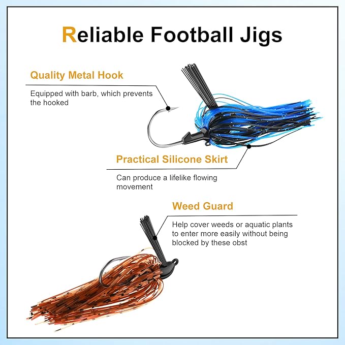 Sumind 8 Pcs Bass Fishing Jigs Bass Weedless Football Jig Metal Football Head Kit Swim Silicone Skirts Weed Guard Flipping Lures, Colorful, 10 G/ 3/8 oz