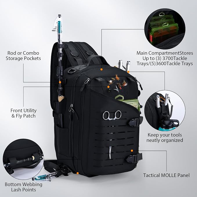 Goture Black Tackle Bag with Trays, Fishing Backpack for Men Professional Fishing Gear Organizer with MOLLE System, Rod Holder