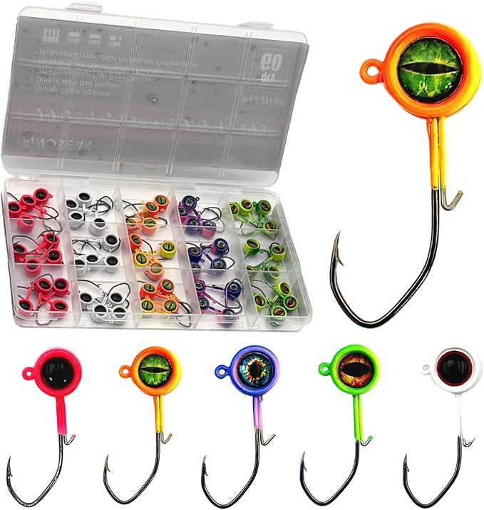 60Pcs Big Eye Crappie Jig Heads Kit, Bright Color Panfish Fishing Jig Heads Hook with Wired Bait Keeper Swimbait Jighead for Crappie Walleye 3 Sizes 1/32oz 1/16oz 1/8oz