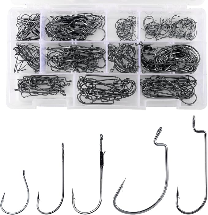 Dr.Fish Bass Hook Assortment, EWG, Round Bend, Drop Shot, Heavy Cover, Freshwater Fishing Worm Hooks Kit with Tackle Box, Texas Rig, Wacky, Punching Flipping