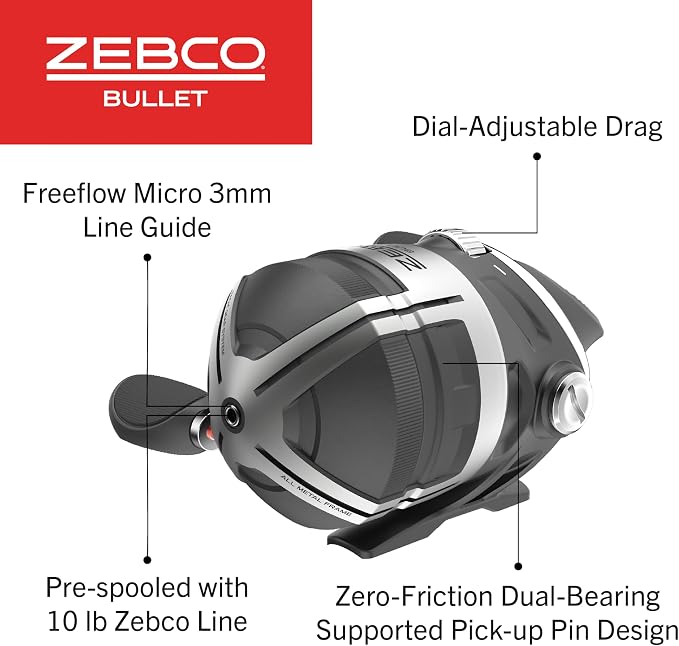 Zebco Bullet Spincast Fishing Reel, Durable All-Metal Construction, Solid-Brass Pinion Gear, Pre-Spooled with 10-Pound Zebco Fishing Line, Black
